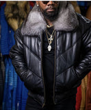 2025 In stock order surge wish  men pu fur integrated short coat gray and white big fur collar men's jacket