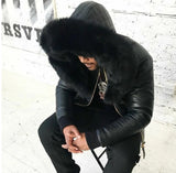 2025 In stock order surge wish  men's pressing line pu hooded fur integrated short big fur collar men's jacket