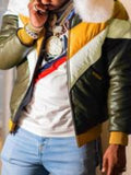 2025 Thickened order surge lazada explosion wish men's pu fur integrated large fur collar three-color splicing long-sleeved jacket