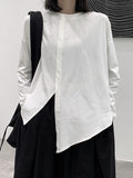 woloong Split-Joint Split-Front Solid Color Asymmetric Loose Long Sleeves Round-Neck T-Shirts