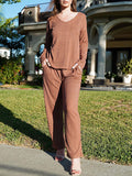 woloong V-Neck Long Sleeves Loose Solid Color Shirt Top + Pants Bottom Pajama Sets