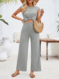 woloong Tied Solid Color Knot Hollow Backless Wide Pants Sleeveless Round-Neck Jumpsuits