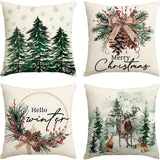 4-Pack 18x18 inches Rustic Linen Throw Pillow Covers, Christmas Trees & Reindeer Design, "Hello Winter" & "Merry Christmas" Holiday Cushion Cases with Zipper, Machine Washable for Sofa & Couch Decor