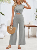 woloong Tied Solid Color Knot Hollow Backless Wide Pants Sleeveless Round-Neck Jumpsuits
