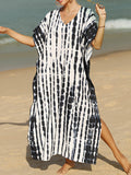 woloong Sun Protection Split-Side Printed Short Sleeves Loose V-Neck Maxi Dresses