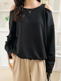 woloong Solid Color Hollow Loose Long Sleeves Round-Neck T-Shirts Tops