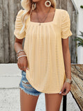woloong Solid Color Pleated Hollow Short Sleeves Loose Square-Neck T-Shirts Tops