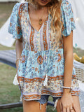 woloong Tied Tasseled Split-Joint Flower Print Buttoned Short Sleeves Loose V-Neck T-Shirts Tops