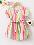 Girls Color Block Vertical Striped Short Sleeve Notch Neck Curved Hem Dress With Belt Kids Summer Clothes