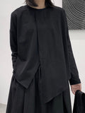 woloong Split-Joint Split-Front Solid Color Asymmetric Loose Long Sleeves Round-Neck T-Shirts