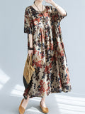 woloong Floral Printed Short Sleeves Puff Sleeves Round-Neck Midi Dresses