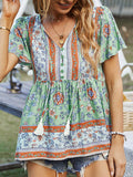 woloong Tied Tasseled Split-Joint Flower Print Buttoned Short Sleeves Loose V-Neck T-Shirts Tops