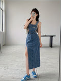 Split Side Plain Washed Blue Retro Style Raw Hem Overall Denim Dress, Women's Denim Jeans & Clothing