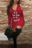 woloong - Red Fashion Casual Letter Print Hollowed Out Hooded Collar Long Sleeve Dresses