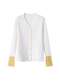 woloong Split-Joint Contrast Color Buttoned Long Sleeves Flared Sleeves V-Neck Cardigan Tops