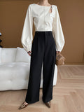 woloong Solid Color Belly-Hollow Asymmetric Puff Sleeves Loose Round-Neck Blouses&Shirts Tops