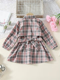 Girls' Casual Plaid Shirt Dress With Long Sleeves, Button Front And Waist Tie For Everyday Wear