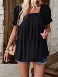 woloong Solid Color Pleated Hollow Short Sleeves Loose Square-Neck T-Shirts Tops