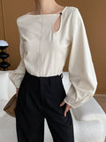 woloong Solid Color Belly-Hollow Asymmetric Puff Sleeves Loose Round-Neck Blouses&Shirts Tops