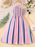 Colorful Striped Midi Dress For Girls Vacation Style Casual Slip Dresses, Summer Clothing Gift