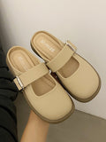 woloong Split-Joint Shallow Cut Round-Toe Belt Buckle Slippers&Mules Platform Shoes