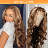 4x4 HD Transparent 4/27 Highlight Ombre Lace Front Wigs Honey Blonde Lace Front Wig Body Wave Human Hair  Human Hair Pre Plucked With Baby Hair Body Wave Glueless Human Hair Wigs For Women