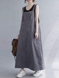 woloong Casual Solid Color With Pocket Suspender Dress