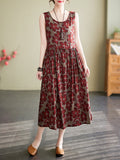 woloong Floral Printed Drawstring Sleeveless Oversize Round-neck Midi Dresses