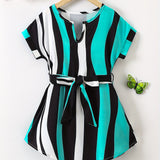 Girls Color Block Vertical Striped Short Sleeve Notch Neck Curved Hem Dress With Belt Kids Summer Clothes