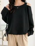 woloong Solid Color Hollow Loose Long Sleeves Round-Neck T-Shirts Tops