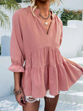 woloong Split-Joint Solid Color Pleated Elasticity Three-Quarter Sleeves Loose V-Neck T-Shirts Tops
