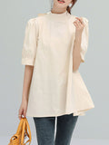 woloong Solid Color Pleated Bowknot Loose Half Sleeves Mock Neck Blouses&Shirts Tops