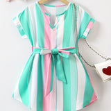 Girls Color Block Vertical Striped Short Sleeve Notch Neck Curved Hem Dress With Belt Kids Summer Clothes