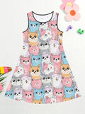 Charming Cat Print Girls' Sleeveless Dress - Soft, Breathable Fabric - Perfect for Summer Playdates & Casual Outings