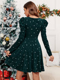 Elegant V-Neck Christmas Star Pattern Dress for Women, Polyester Knit Fabric, Long Puff Sleeve Cross Detail A-Line Skater Dress for Fall/Winter