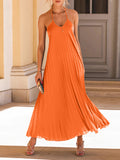 woloong Tied Solid Color Pleated Backless Sleeveless Loose Spaghetti-Neck Maxi Dresses