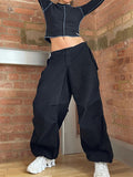 woloong Solid Color Pleated Drawstring Loose High Waisted Trousers Pants