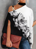 woloong Flower Print Chains Asymmetric Short Sleeves Loose Halter-Neck Blouses&shirts Tops