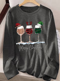 Women's Festive Christmas Wine Glass & Letter Print Long Sleeve T-Shirt - Casual Crew Neck, Polyester, Machine Washable