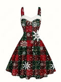 Stylish Christmas Snowflake Print Cami Dress, Backless Sleeveless Pleated Casual Women's Clothing with Festive Flair