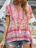 woloong Tied Tasseled Split-Joint Flower Print Buttoned Short Sleeves Loose V-Neck T-Shirts Tops