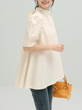 woloong Solid Color Pleated Bowknot Loose Half Sleeves Mock Neck Blouses&Shirts Tops