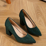 Stylish High Heel Block Pumps - Solid Color Pointed Toe Fashion Shoes with Fabric Upper and Rubber Sole - Comfortable Slip-On Design for All Seasons