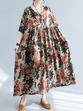 woloong Floral Printed Short Sleeves Puff Sleeves Round-Neck Midi Dresses