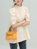woloong Solid Color Pleated Bowknot Loose Half Sleeves Mock Neck Blouses&Shirts Tops