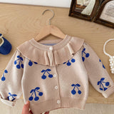 Adorable Cherry Pattern Ruffle Decor Knitted Cardigan - Soft Cotton, Casual Button Down, Toddler & Infant Girl's Fall Winter Sweater - Perfect for Daily Wear, Photoshoots, and Special Occasions