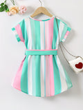 Girls Color Block Vertical Striped Short Sleeve Notch Neck Curved Hem Dress With Belt Kids Summer Clothes