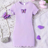 Girls' Ribbed Knit Solid Color Round Neck Dress with Butterfly Applique, Casual Style, Purple - Kids' Fashion Clothing