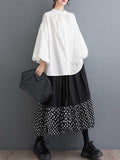 woloong Solid Color Pleated Hollow Buttoned Puff Sleeves Nine-Minute Sleeve Round-Neck Blouses&Shirts Tops