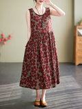 woloong Floral Printed Drawstring Sleeveless Oversize Round-neck Midi Dresses